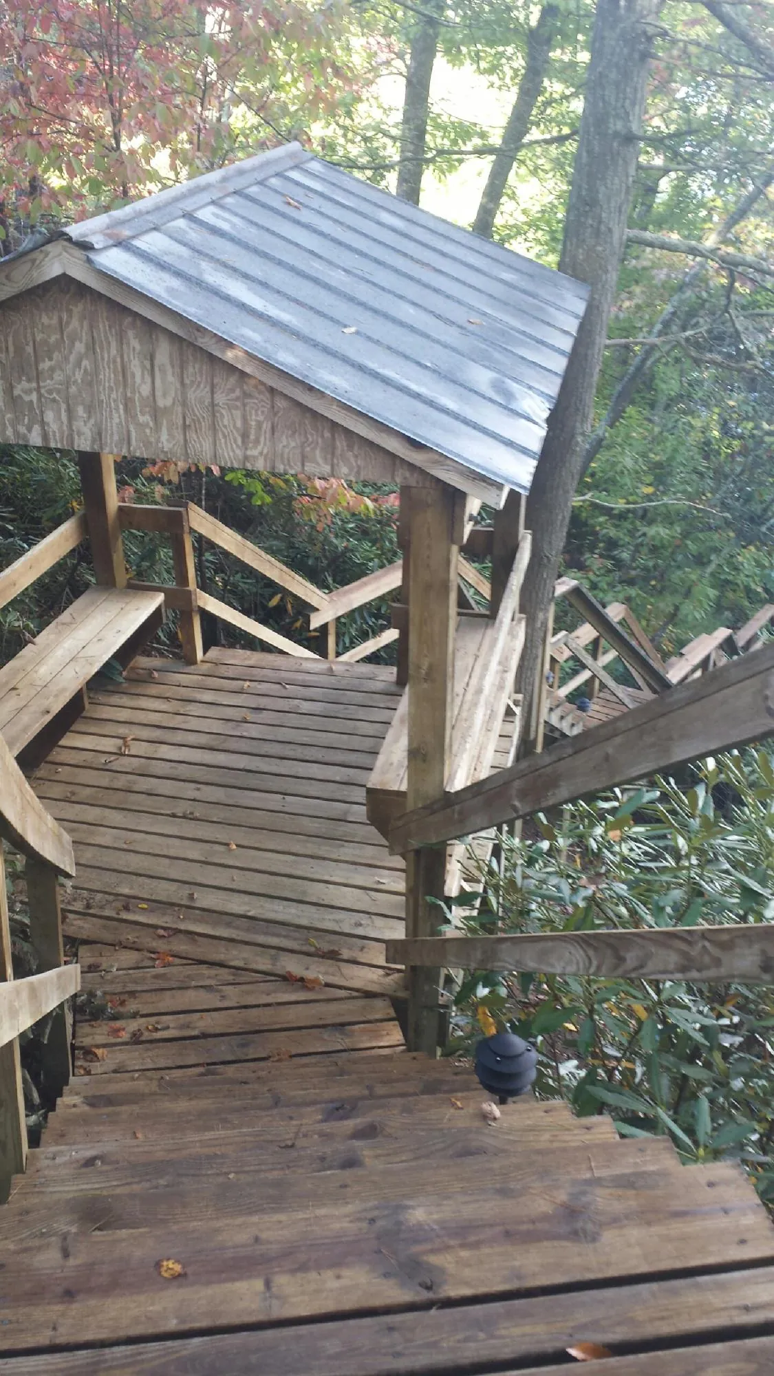 Metal roofed shelter over wooden steps on a wooded walkway — Skylight Repair & Installation work by our crew in El Monte